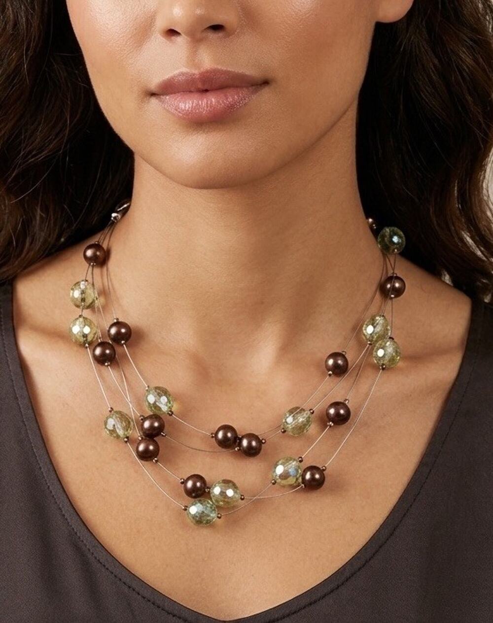 Illusion Faux Pearl/Silver/Crystal/Gunmetal Floating Bead Necklace 5-Strand Wire